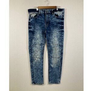 WT02 Men's Blue Acid Wash Moto Jeans 34x30 RN 82628